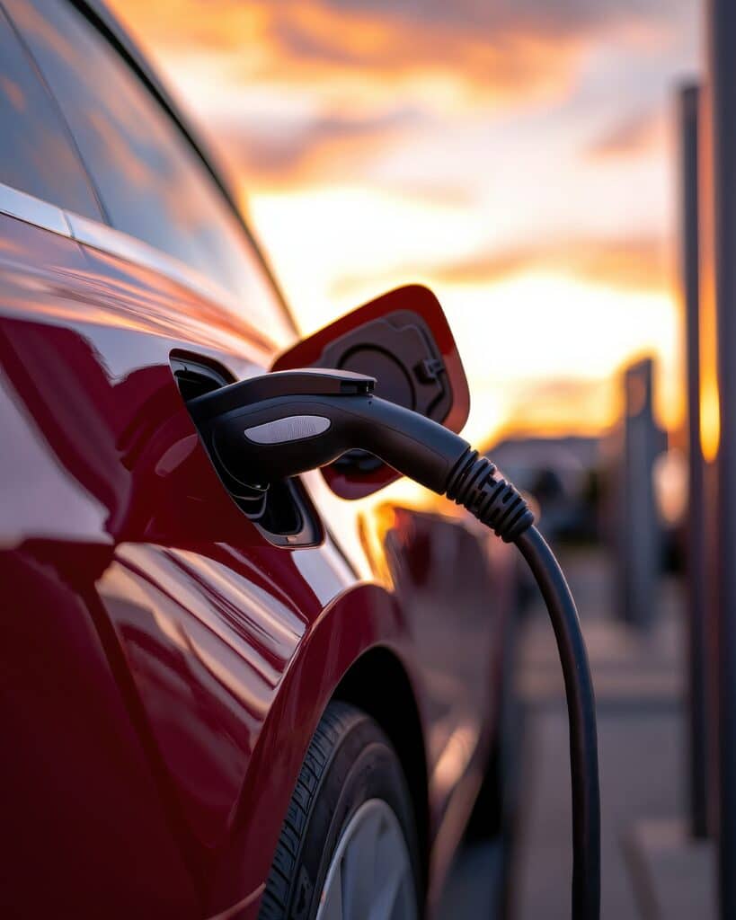 Recharge d'une voiture électrique à une borne de recharge au coucher du soleil